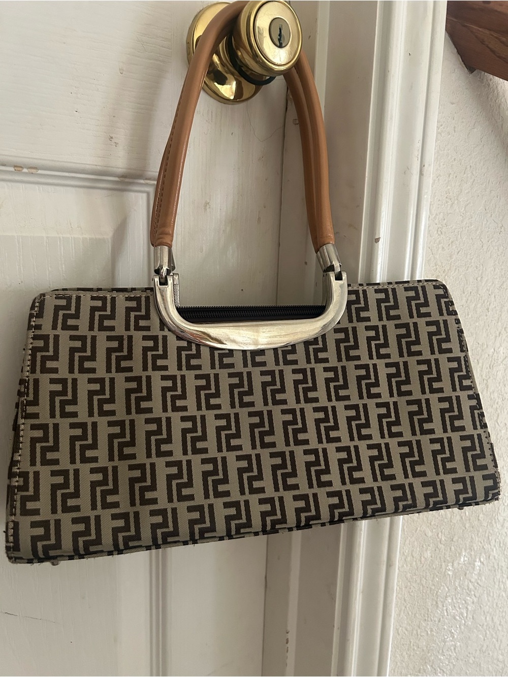 Geometric Pattern Top-Handle Handbag in Brown and Cream
